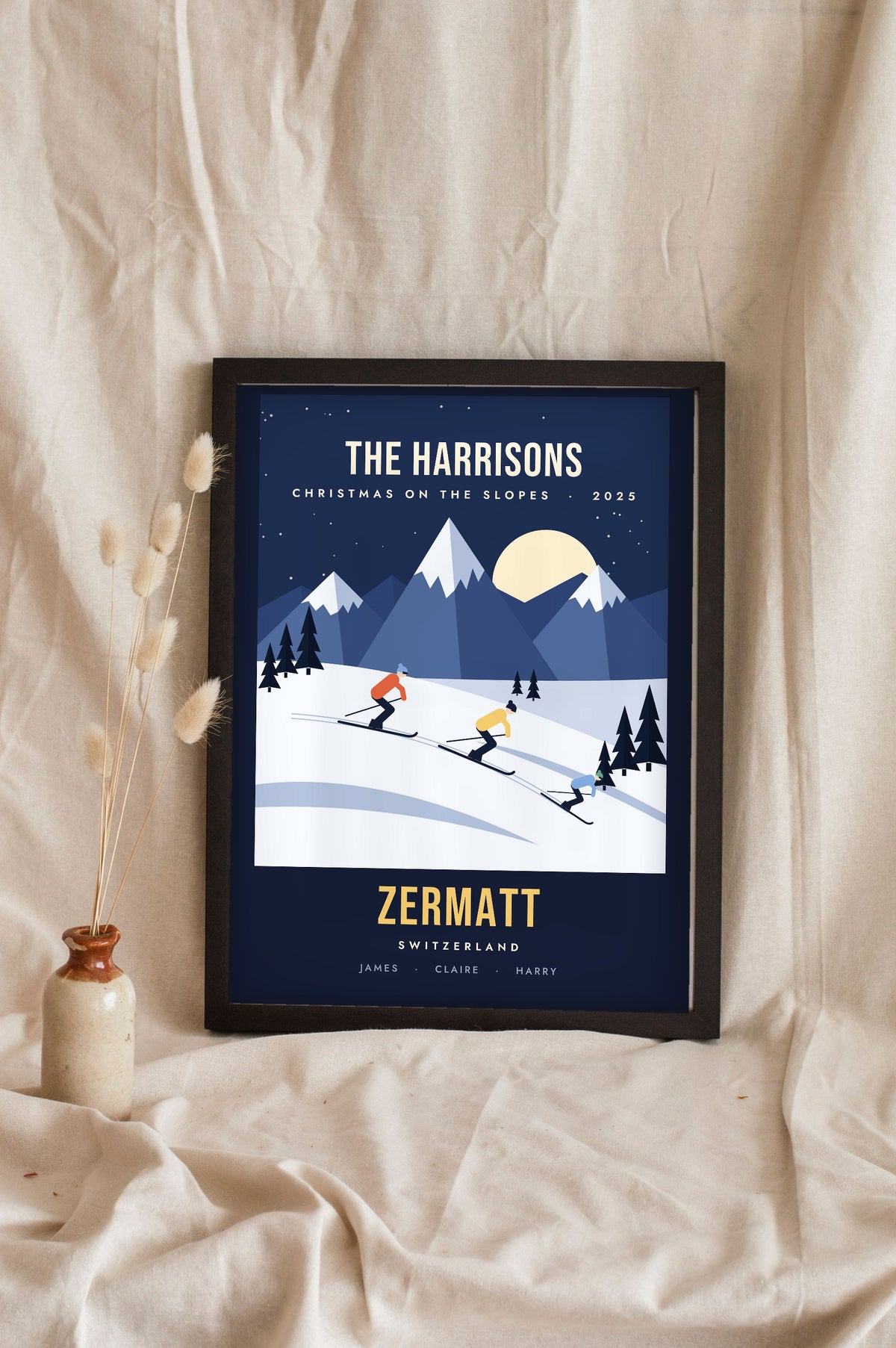 Personalised Retro Family Ski Print - night navy family ski print for Zermatt, leaning on a shelf