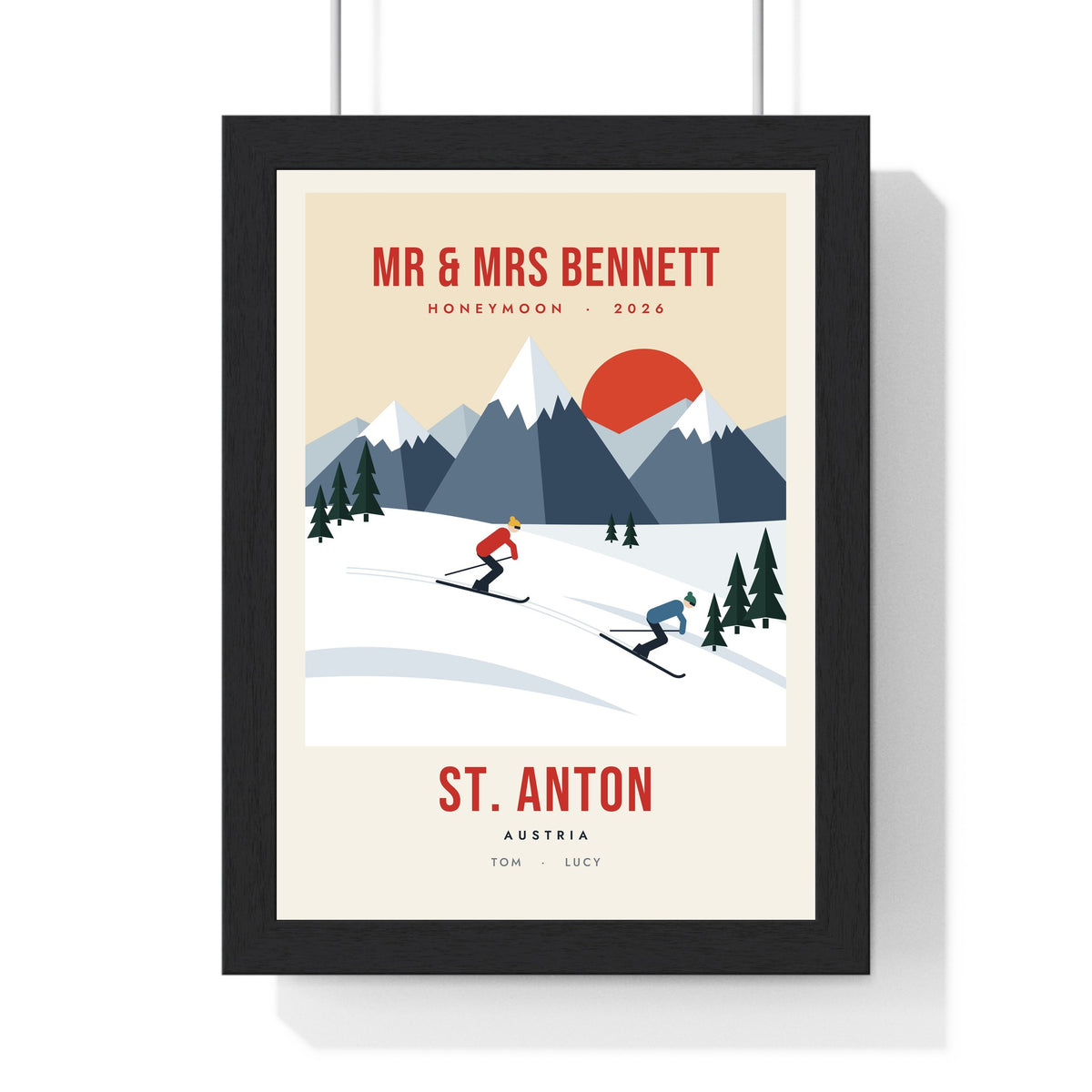 Personalised Retro Family Ski Print - framed classic red honeymoon ski print for St. Anton
