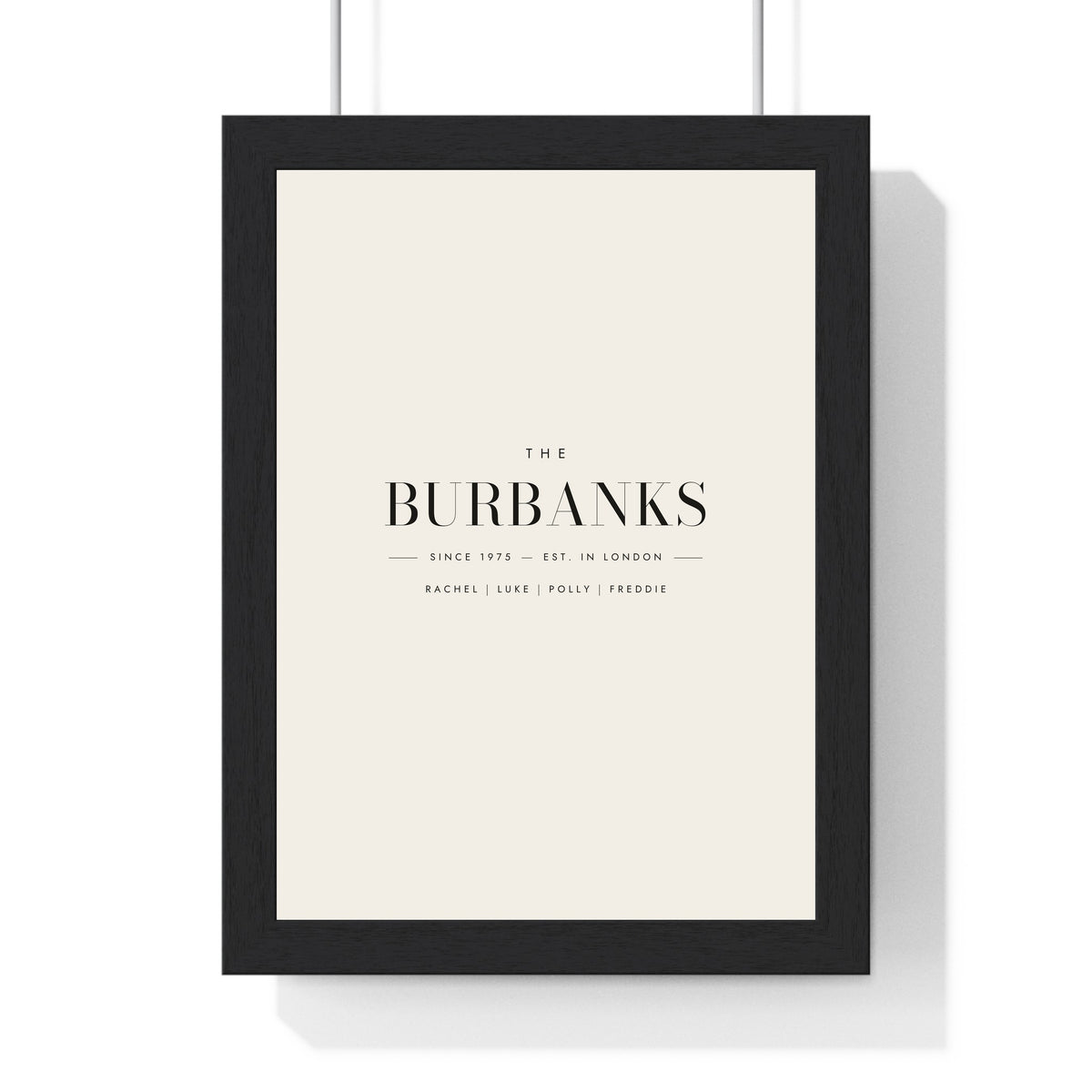 Personalised Family Surname Print - framed cream family surname print for the Burbanks