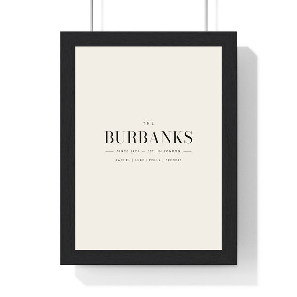 Personalised Family Surname Print - framed cream family surname print for the Burbanks
