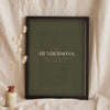 Personalised Family Surname Print - olive and cream family name print leaning on a shelf