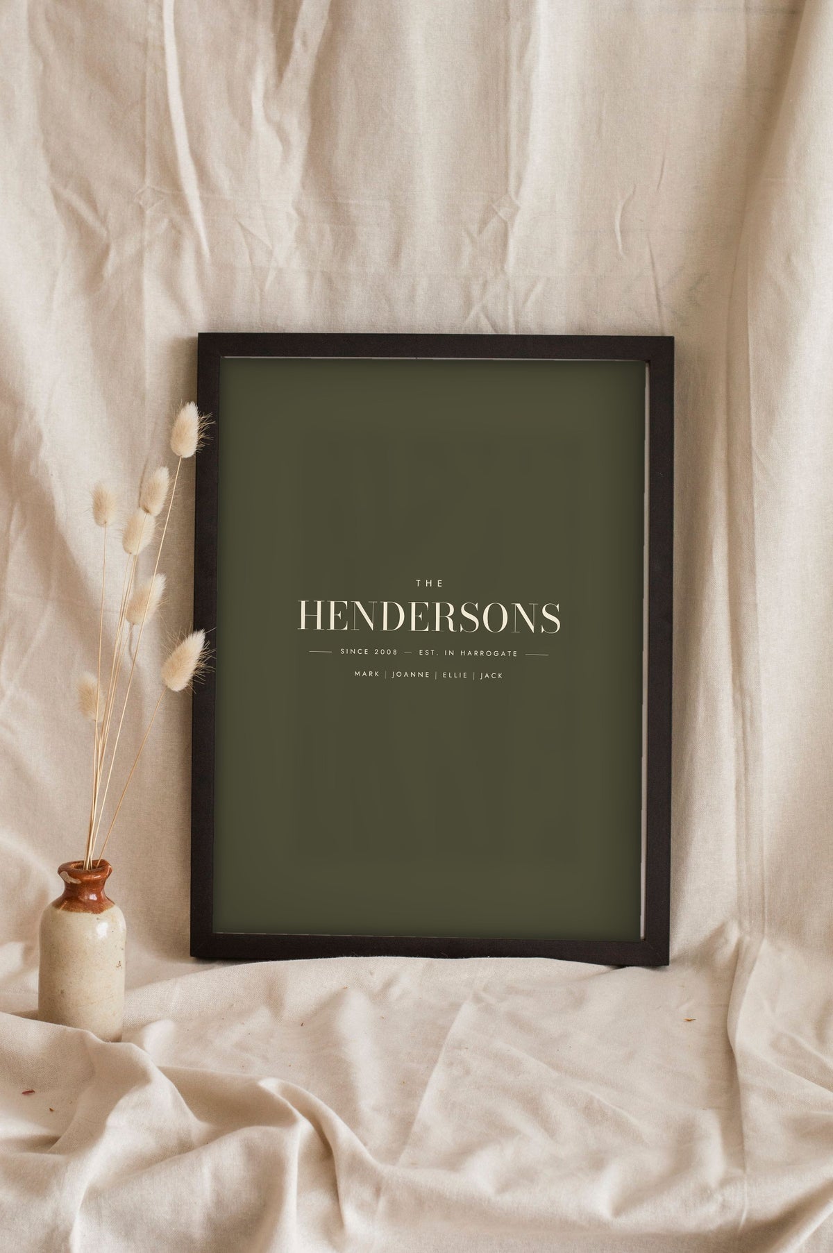 Personalised Family Surname Print - olive and cream family name print leaning on a shelf