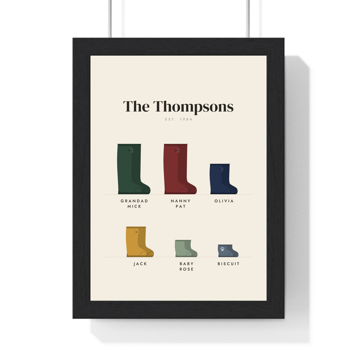 Personalised Family Welly Boot Print - framed cream family welly boot print with six pairs of wellies