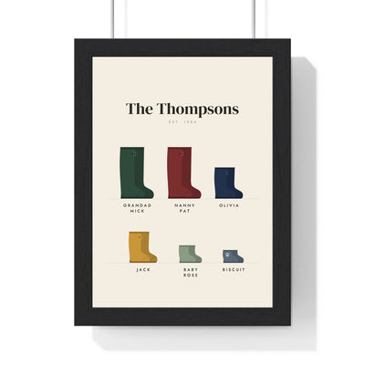 Personalised Family Welly Boot Print - framed cream family welly boot print with six pairs of wellies