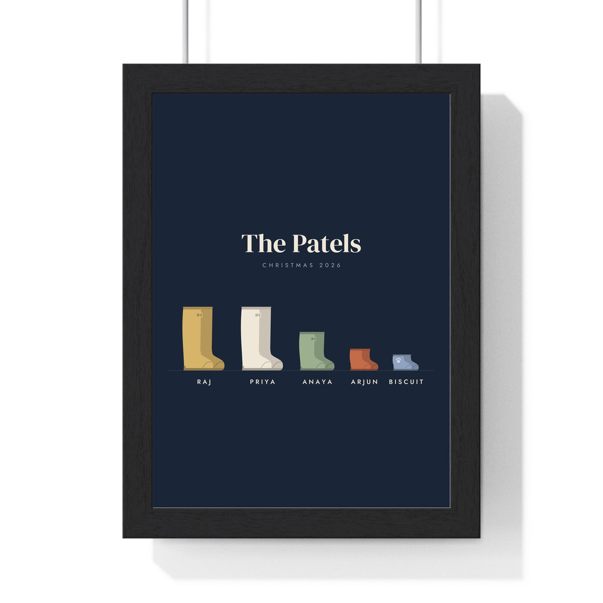 Personalised Family Welly Boot Print - framed navy version with four pairs of wellies