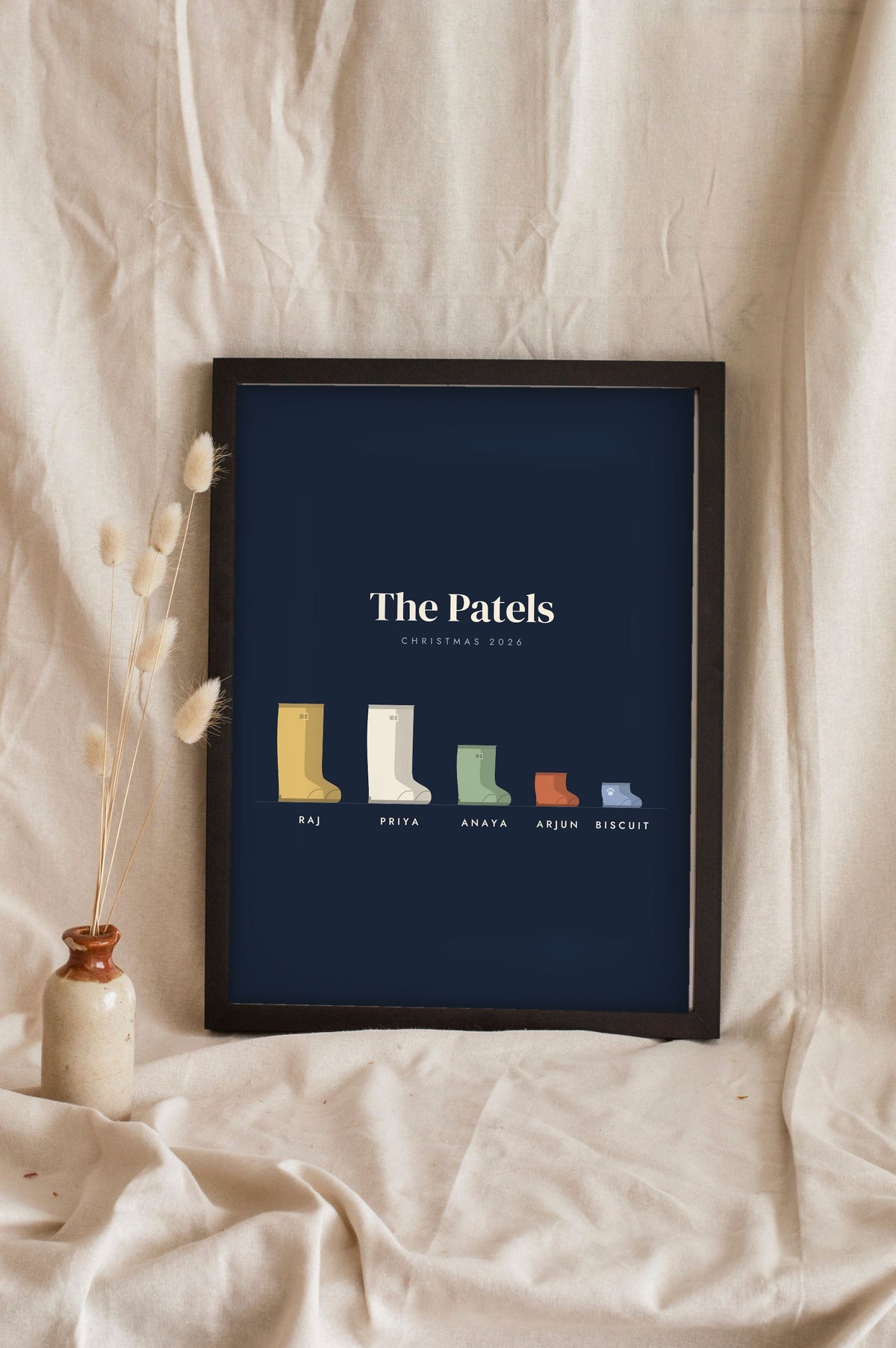 Personalised Family Welly Boot Print - navy welly print leaning on a shelf