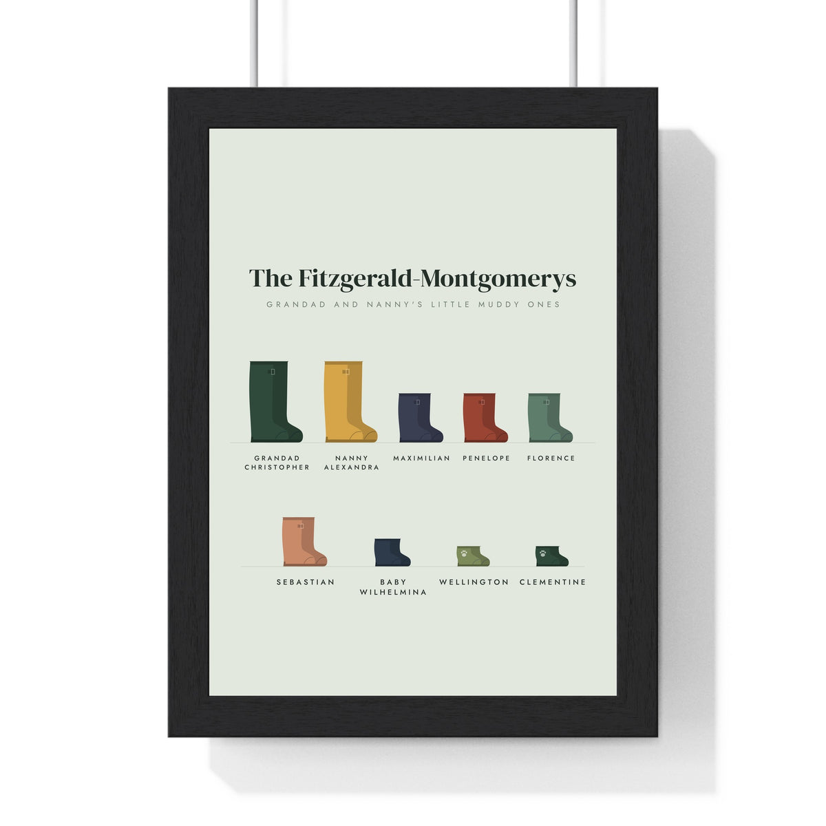 Personalised Family Welly Boot Print - framed sage version with nine pairs in two rows, two dogs