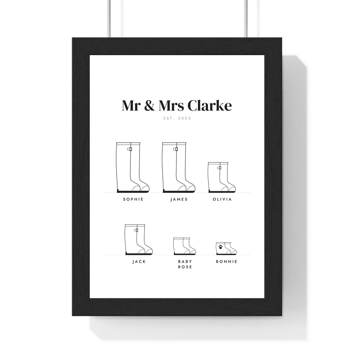 Personalised Family Welly Boot Print - framed white fine-line version for a couple and their dog