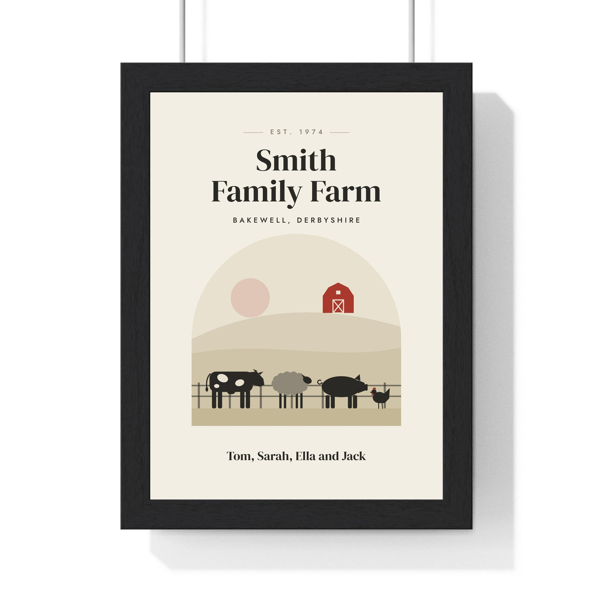 Personalised Farm Print - framed cream Smith Family Farm print with a cow, sheep, pig and hen