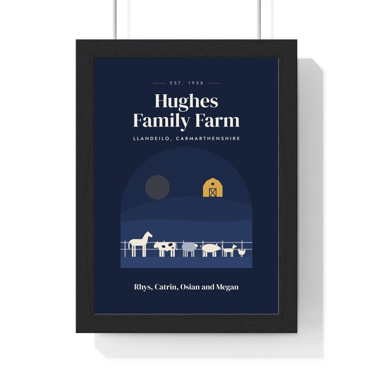 Personalised Farm Print - framed navy version with all six animals
