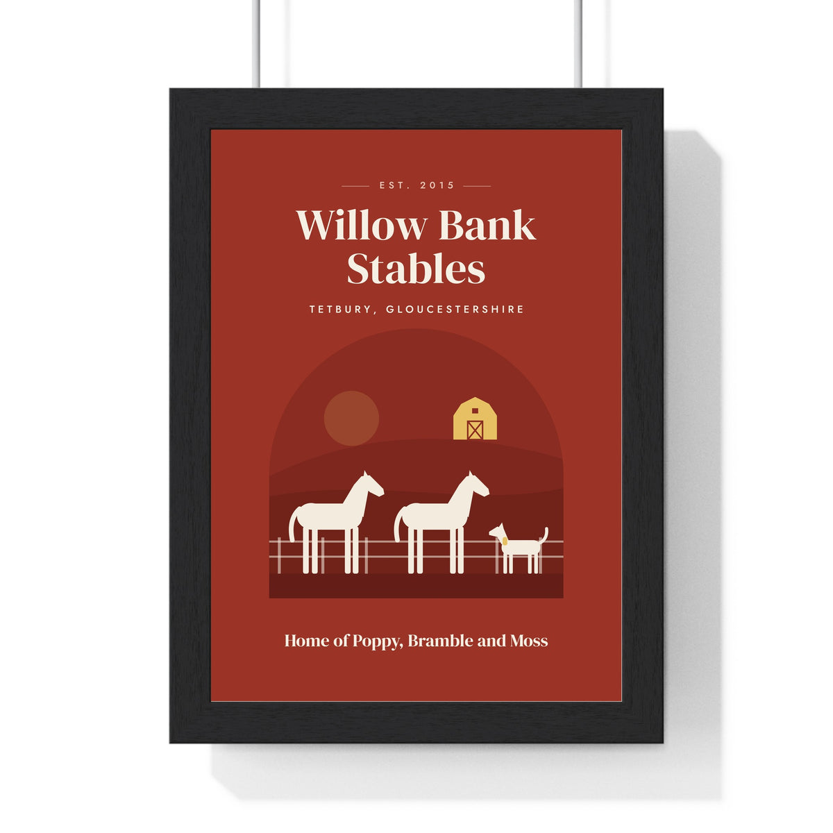 Personalised Farm Print - barn red stables version with two horses and a dog