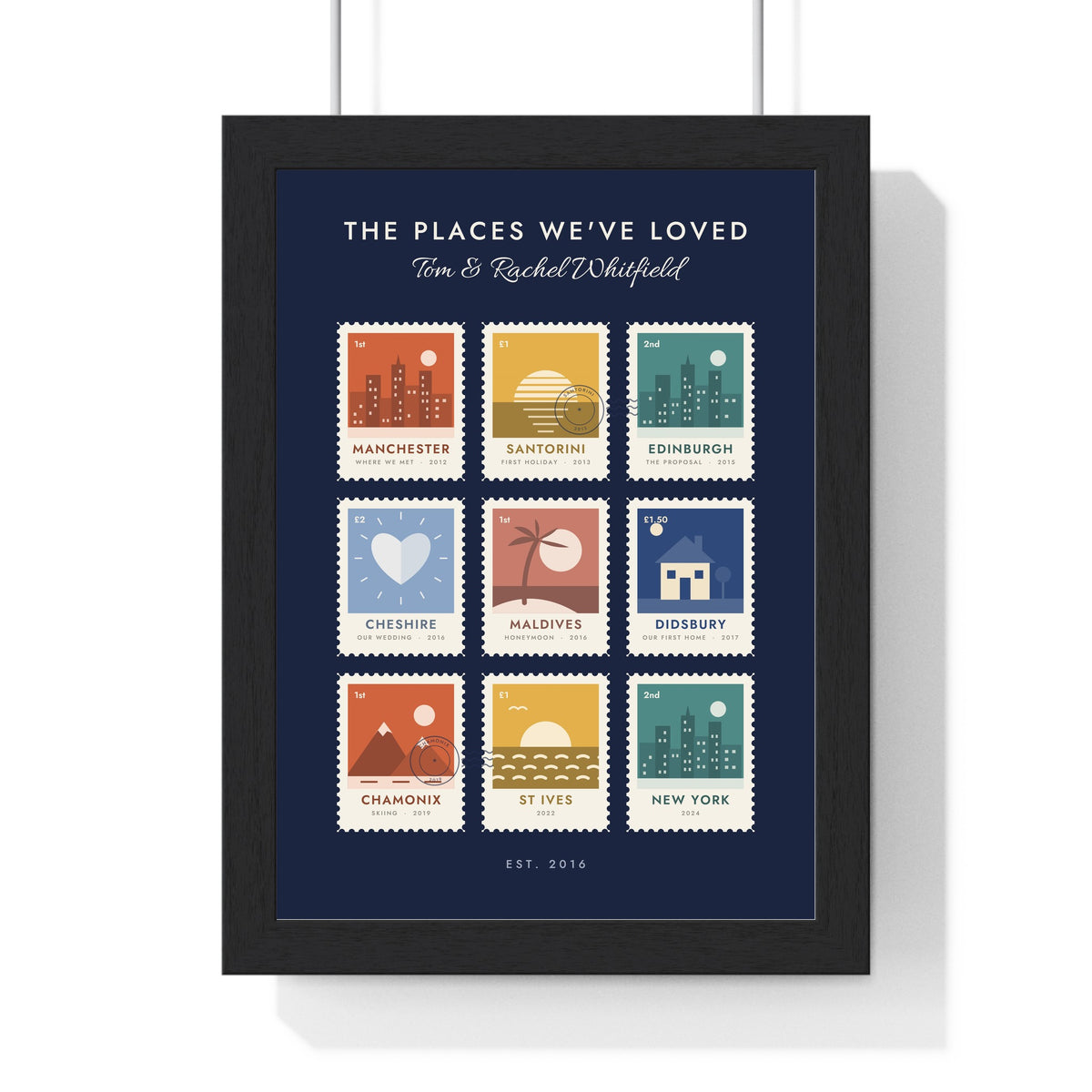 Personalised Favourite Places Stamp Print - framed navy favourite places print for a couple