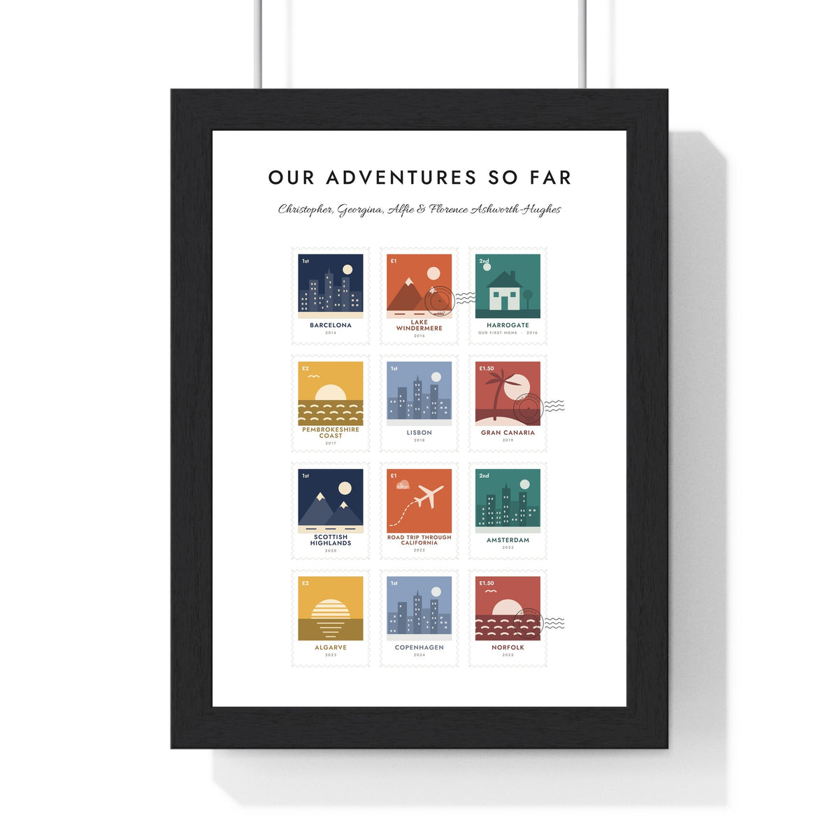 Personalised Favourite Places Stamp Print - framed white version with twelve family adventures