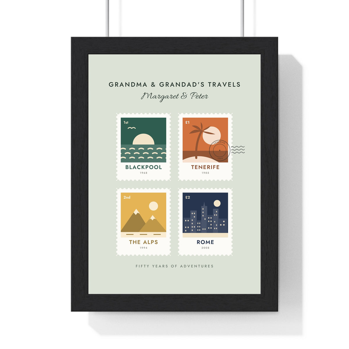 Personalised Favourite Places Stamp Print - framed sage version of grandparents' travels