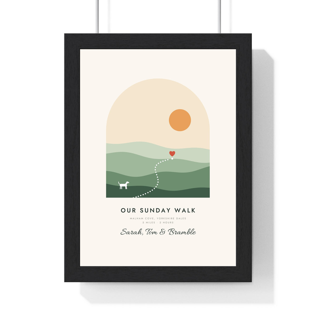 Personalised Favourite Walk Print - framed favourite walk print, sage hills with a dotted route and a dog