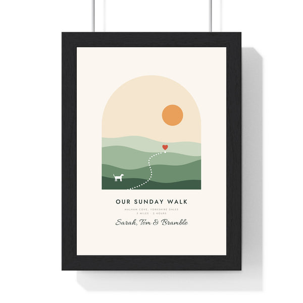 Personalised Favourite Walk Print - framed favourite walk print, sage hills with a dotted route and a dog