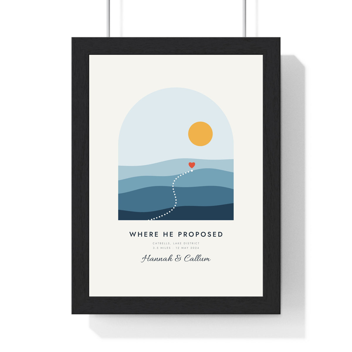 Personalised Favourite Walk Print - framed sea blue hills version, where he proposed