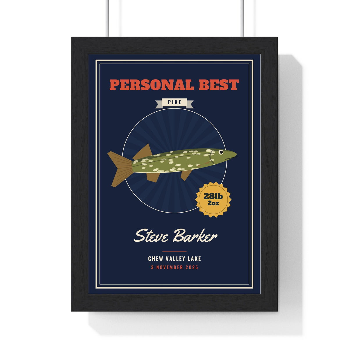 Personalised Fishing Poster - framed navy pike version