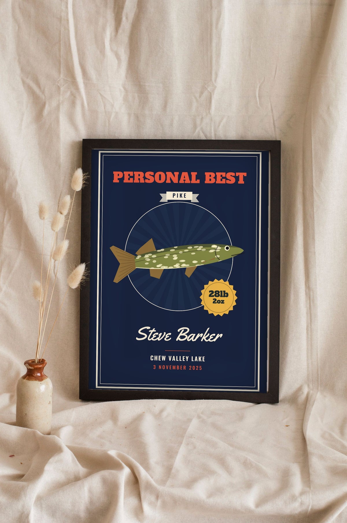 Personalised Fishing Poster - navy personal best pike poster