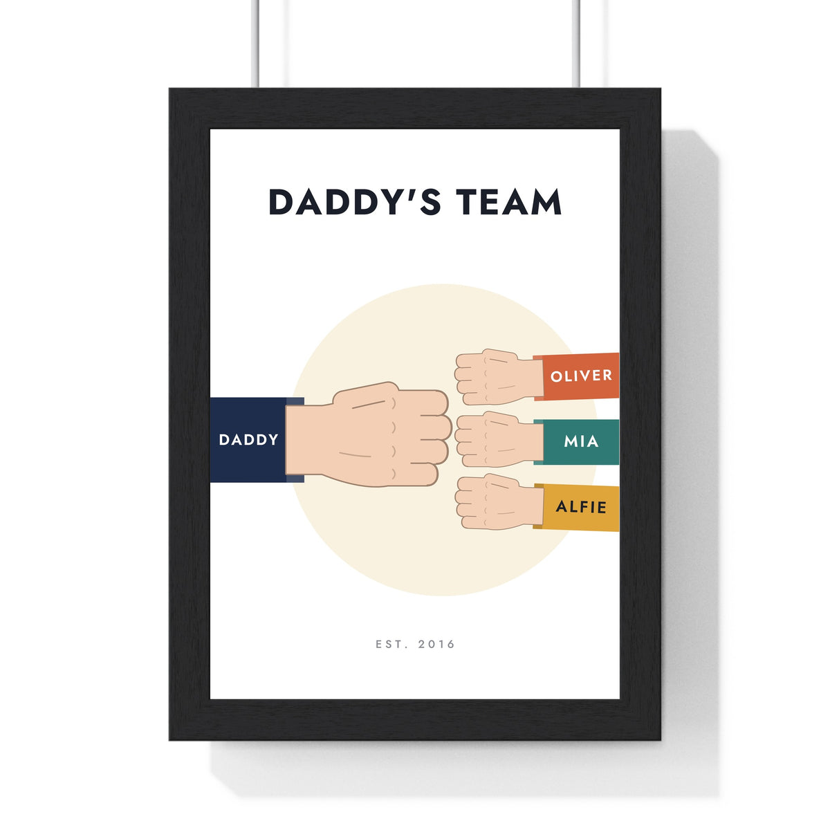Personalised Fist Bump Print - framed personalised fist bump print, Daddy's Team with three little fists
