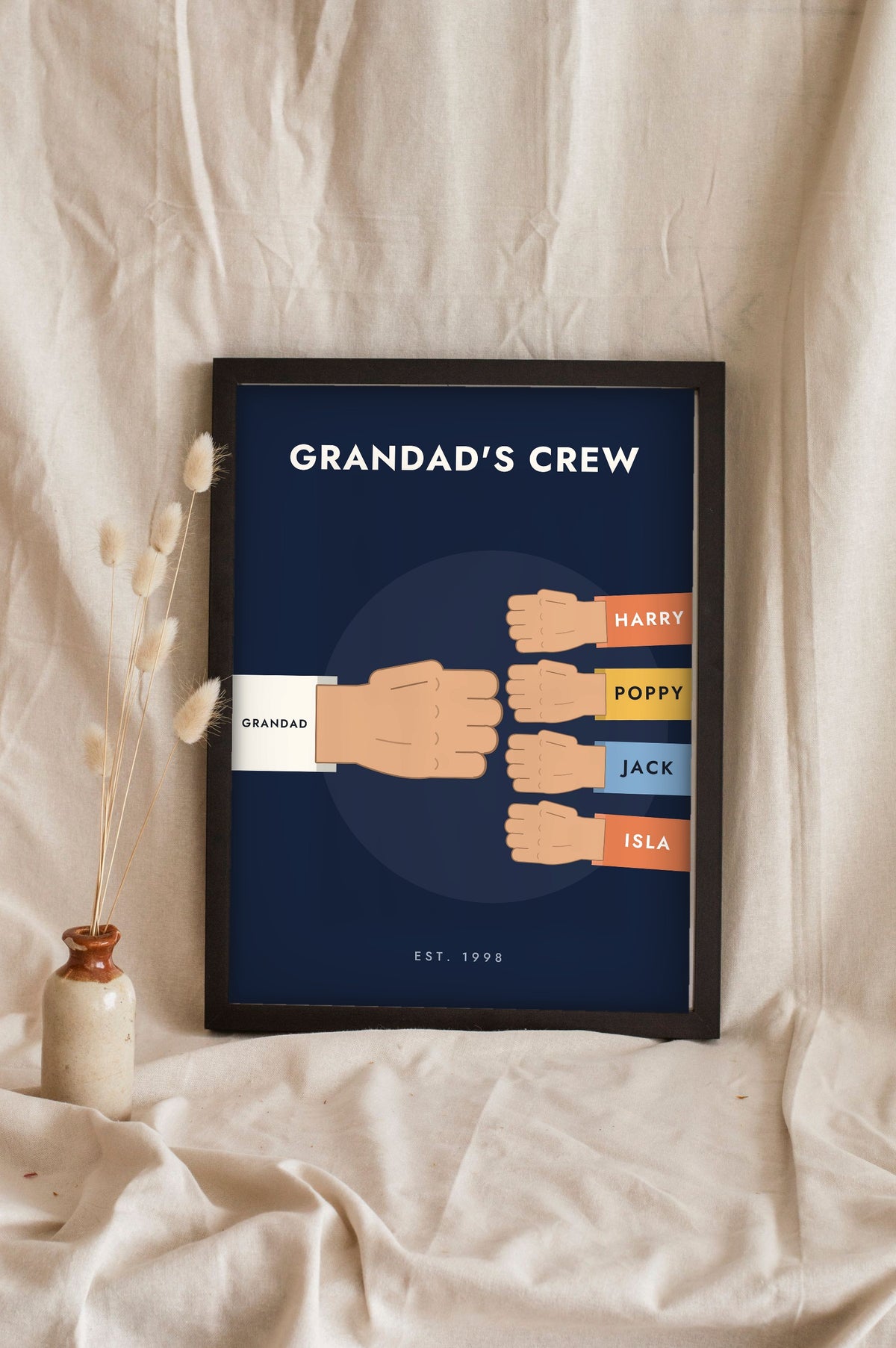 Personalised Fist Bump Print - navy Grandad's Crew fist bump print with four grandchildren
