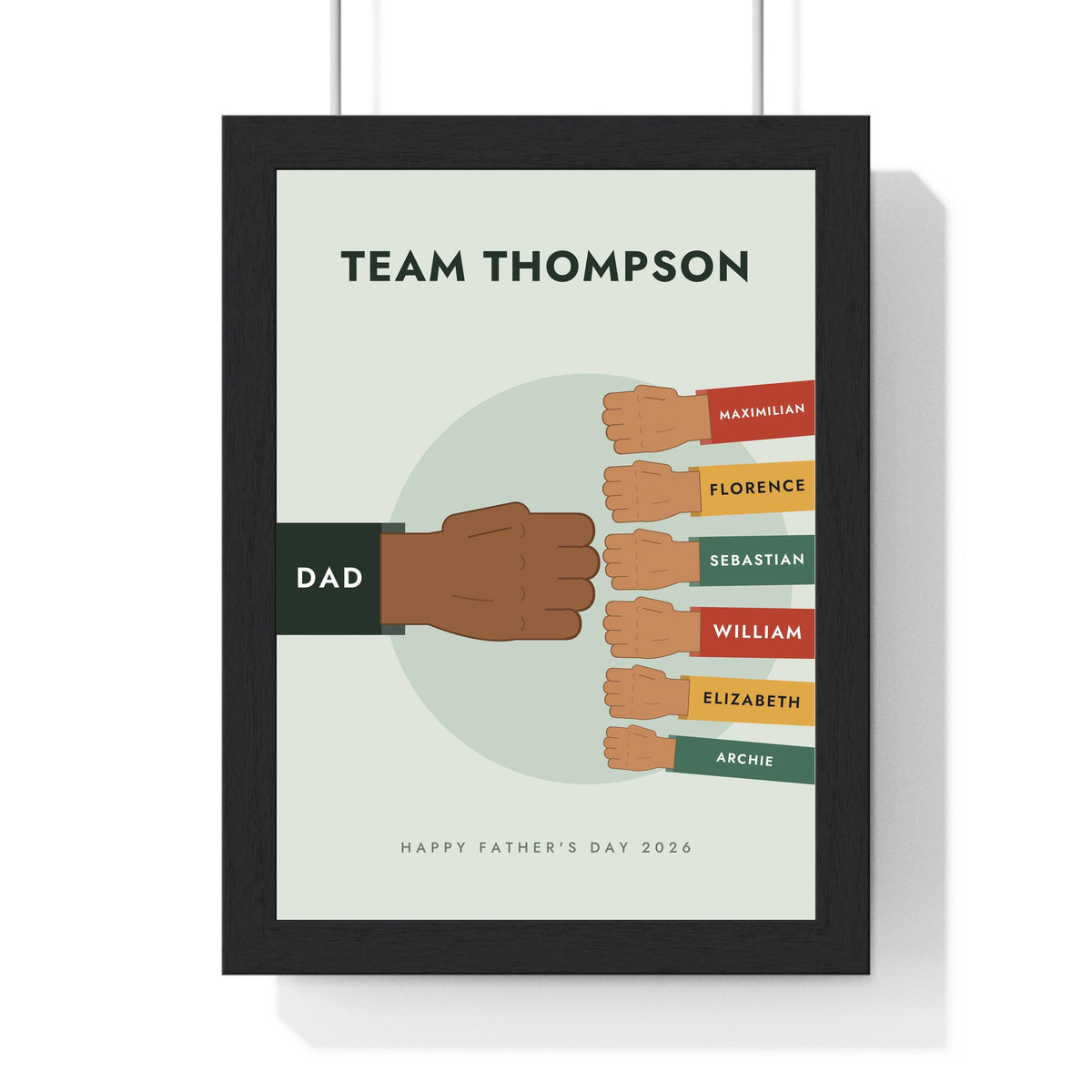 Personalised Fist Bump Print - framed sage fist bump print with six children in mixed sizes