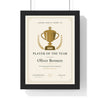 Personalised Football Award Certificate Print - framed ivory and gold football Player of the Year certificate