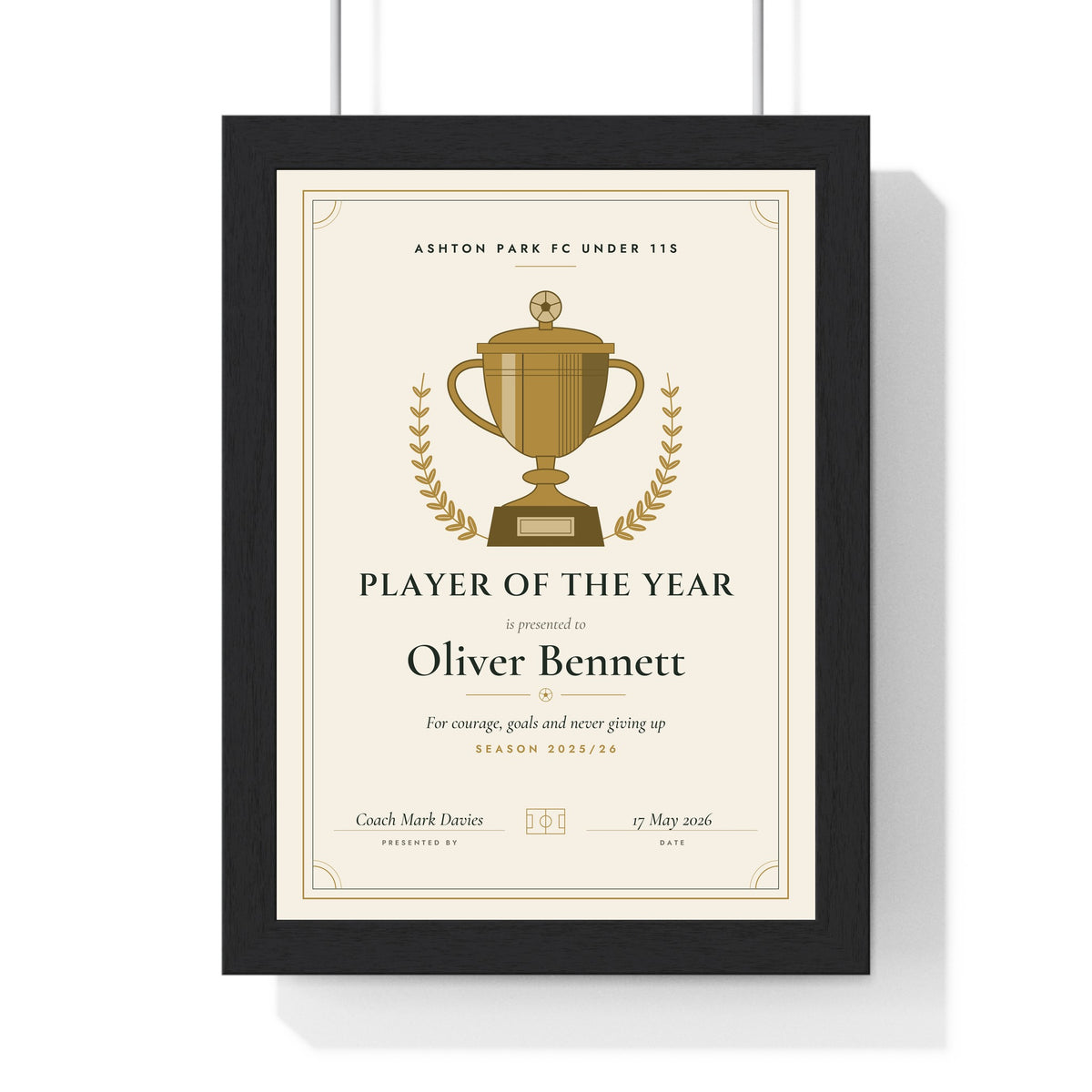 Personalised Football Award Certificate Print - framed ivory and gold football Player of the Year certificate