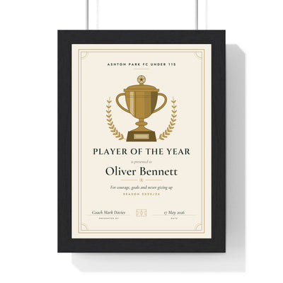 Personalised Football Award Certificate Print - framed ivory and gold football Player of the Year certificate