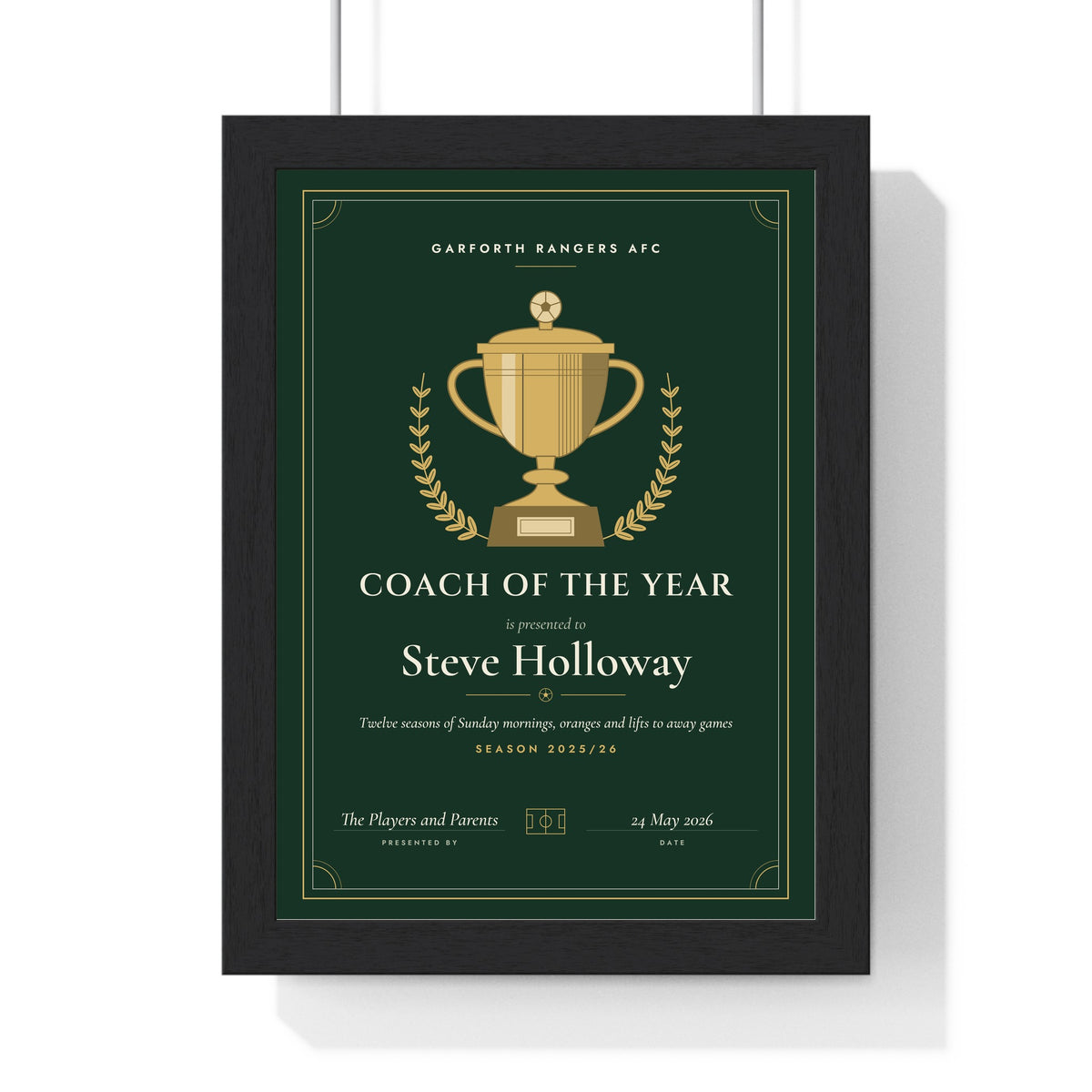 Personalised Football Award Certificate Print - pitch green Coach of the Year version