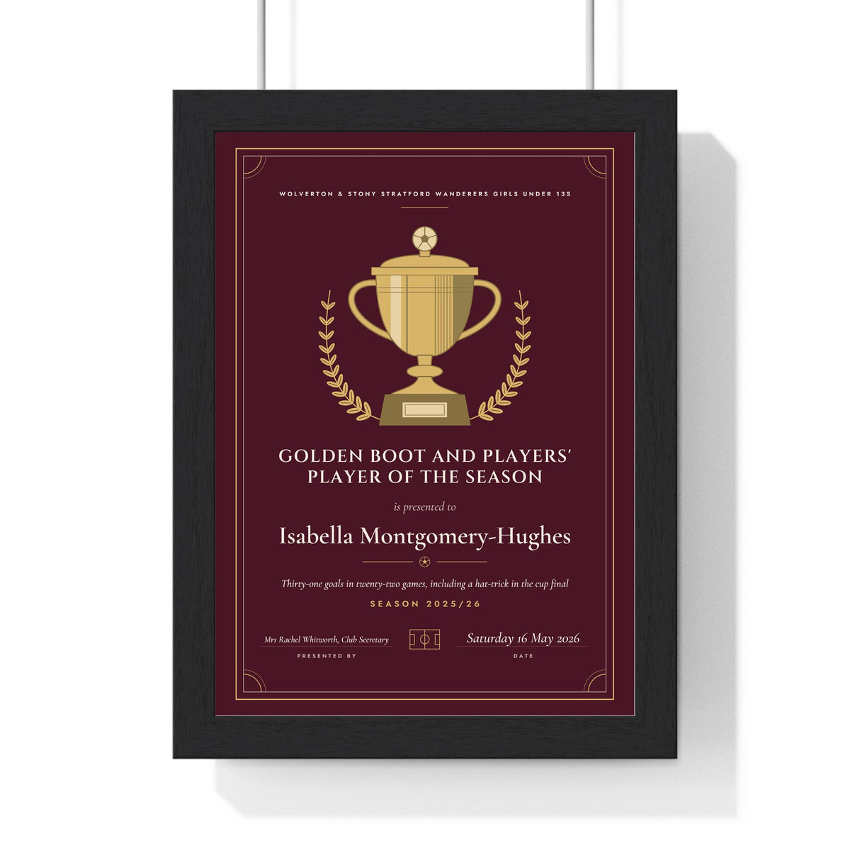 Personalised Football Award Certificate Print - claret Golden Boot version
