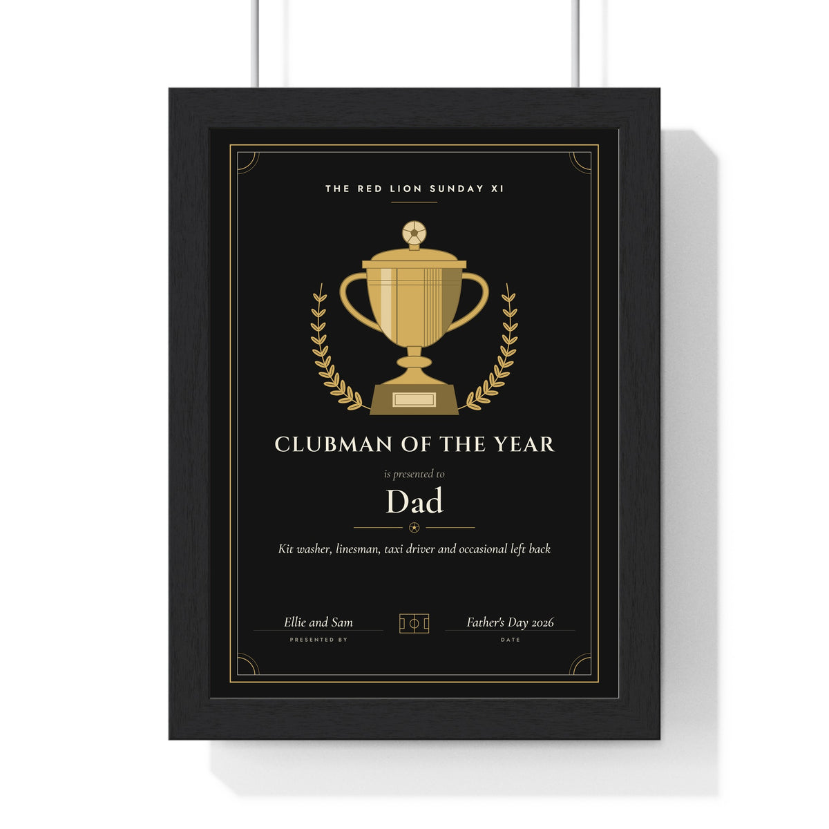 Personalised Football Award Certificate Print - framed black and gold Dad version