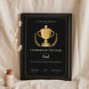 Personalised Football Award Certificate Print - black and gold Clubman of the Year version for Dad