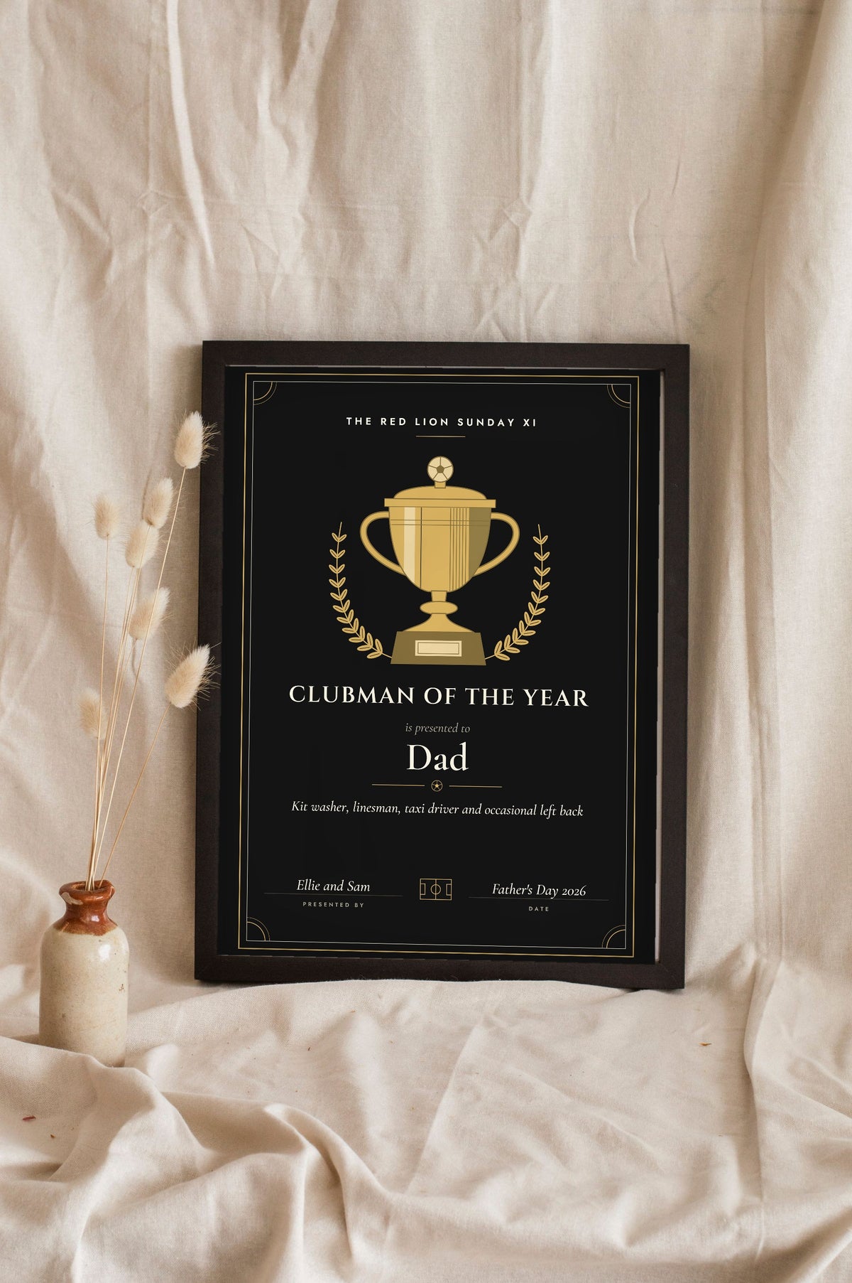 Personalised Football Award Certificate Print - black and gold Clubman of the Year version for Dad