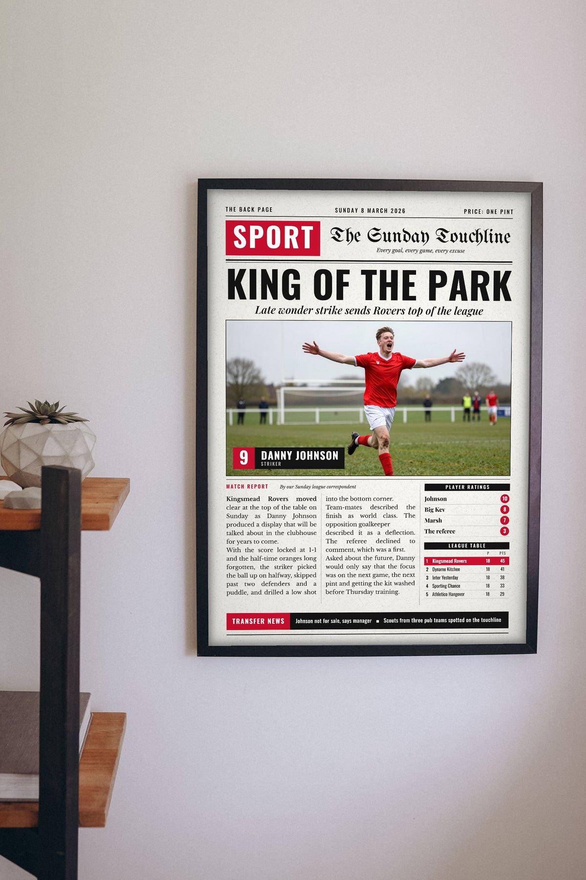 Personalised Football Back Page Newspaper Print - football back page print on a living room wall