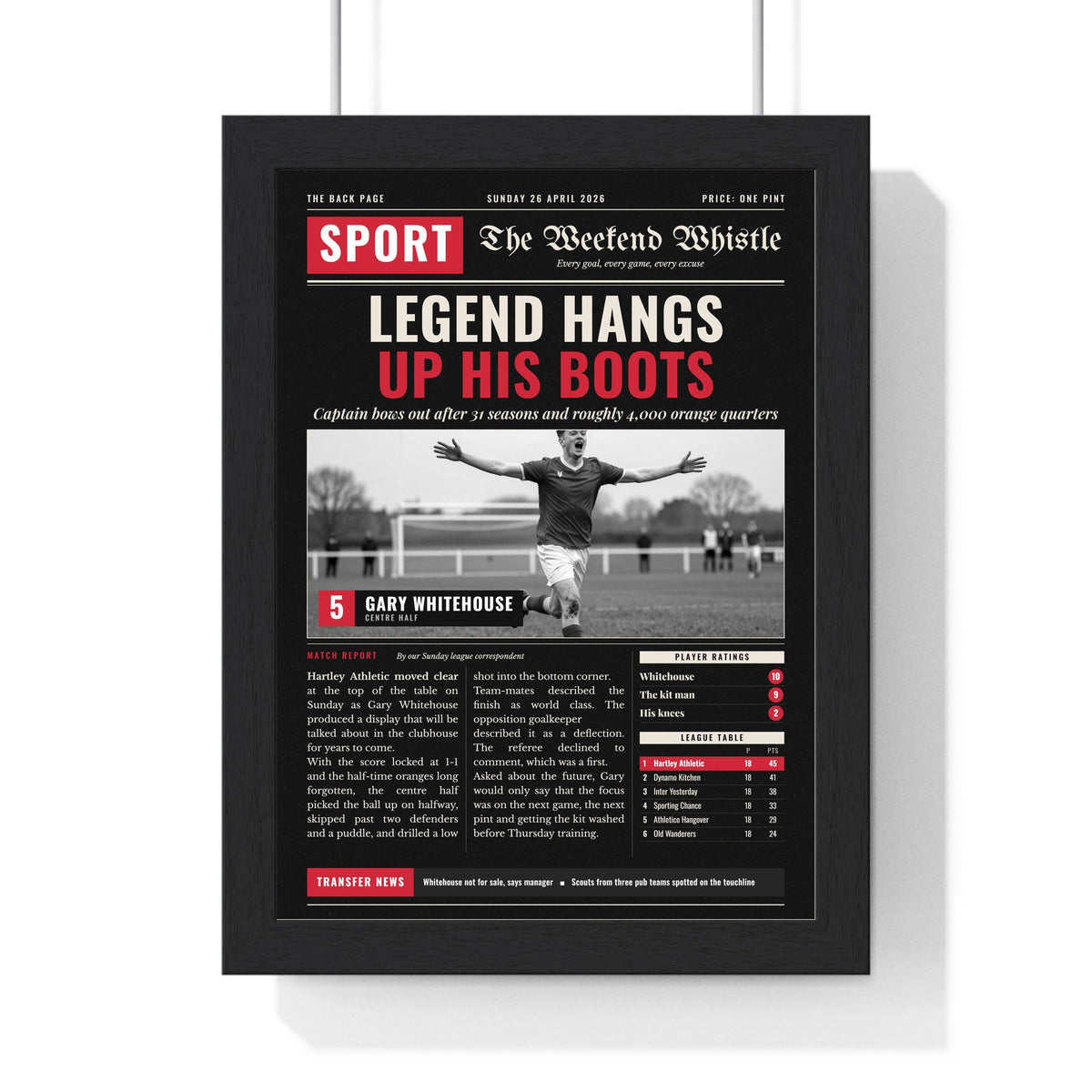 Personalised Football Back Page Newspaper Print - black edition for a retiring captain