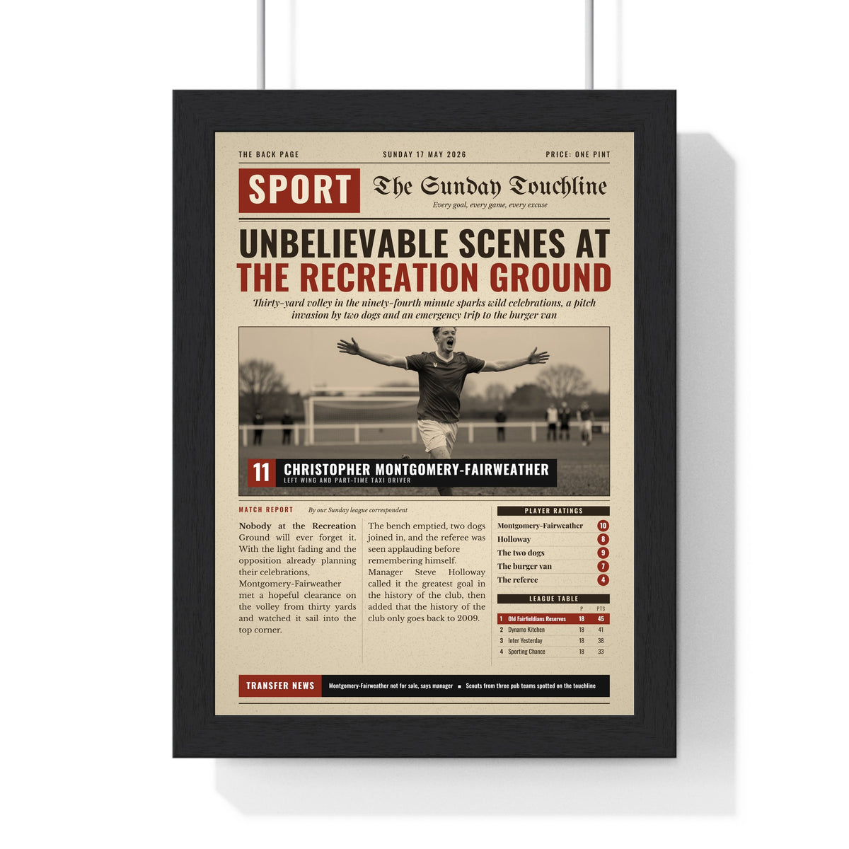 Personalised Football Back Page Newspaper Print - vintage sepia back page with a long headline