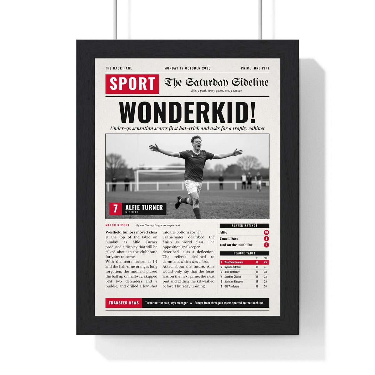 Personalised Football Back Page Newspaper Print - black and white junior football back page