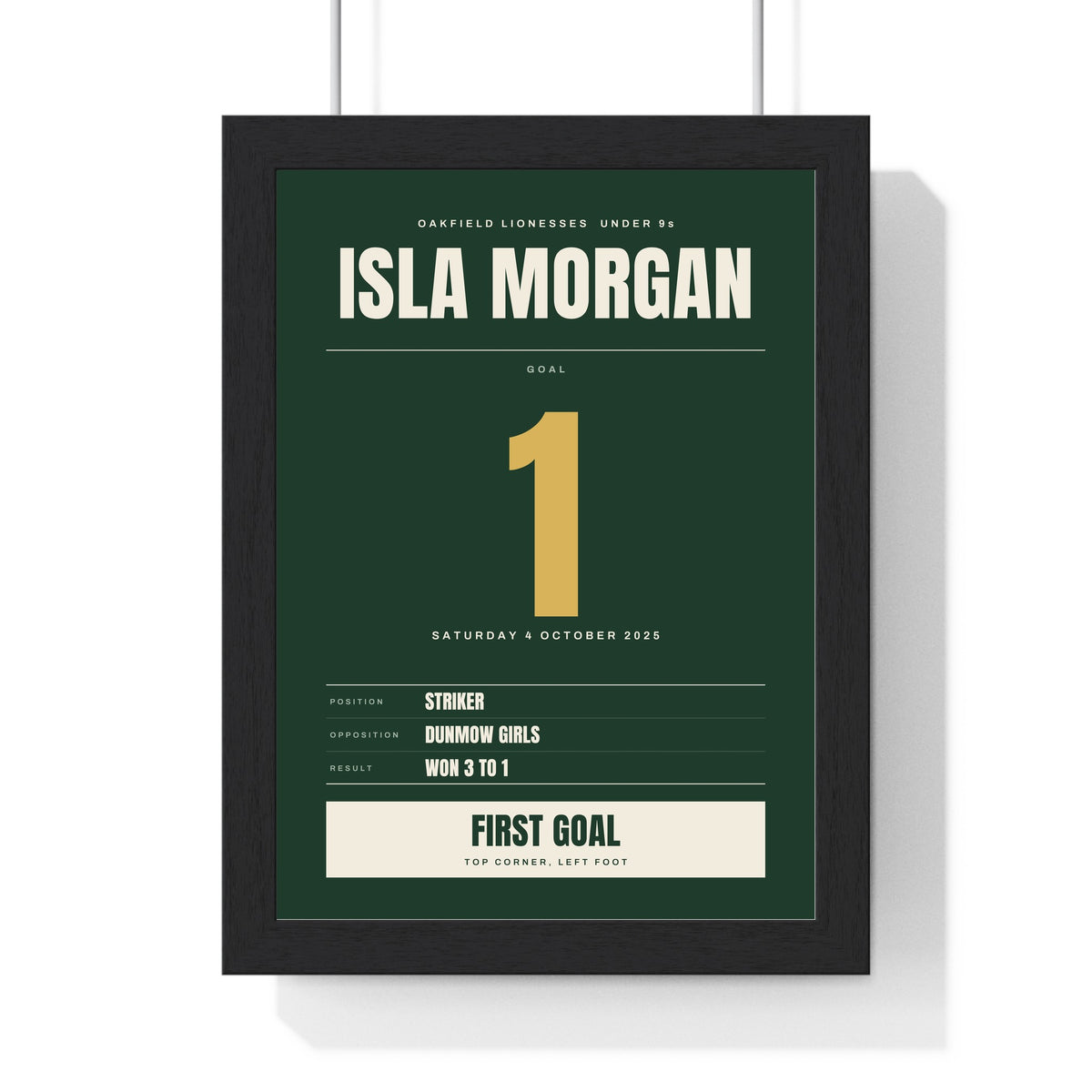 Personalised Football Milestone Print - framed first goal print for an under 9s player