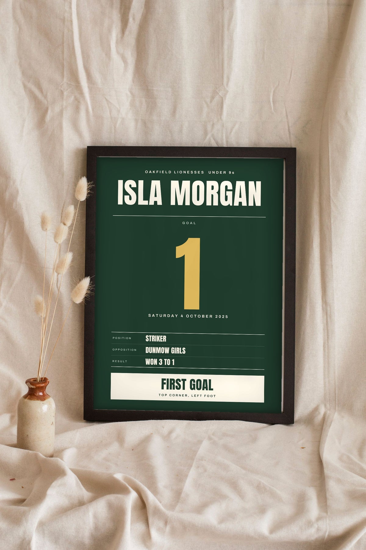 Personalised Football Milestone Print - green and gold girls' first goal print