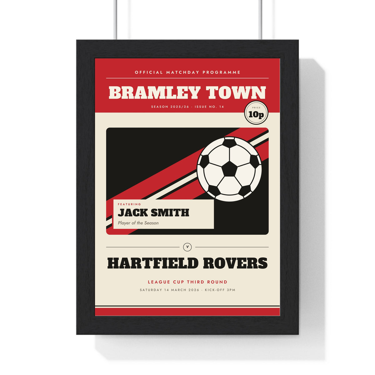 Personalised Football Programme Print - framed red and white retro football programme print featuring Jack Smith