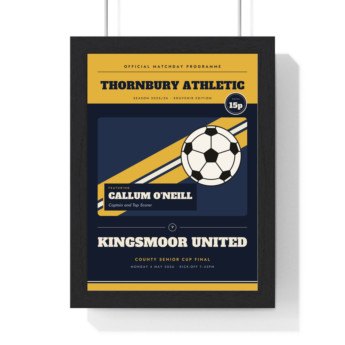 Personalised Football Programme Print - framed navy and gold version