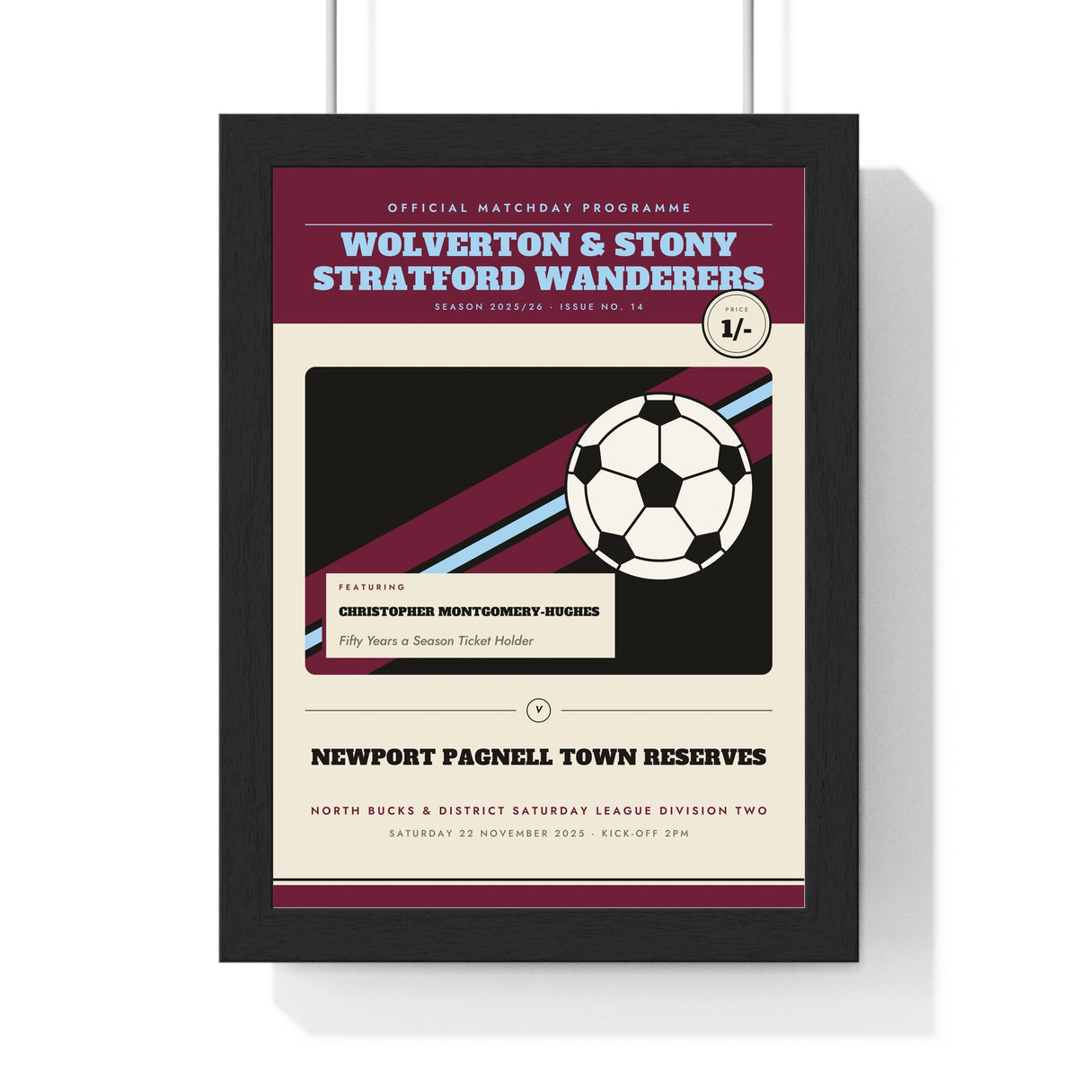 Personalised Football Programme Print - claret and sky blue Saturday league version