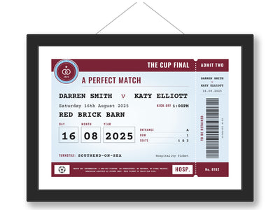 Personalised Football Wedding Ticket Print - framed claret and sky wedding ticket