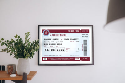 Personalised Football Wedding Ticket Print - on the living room wall