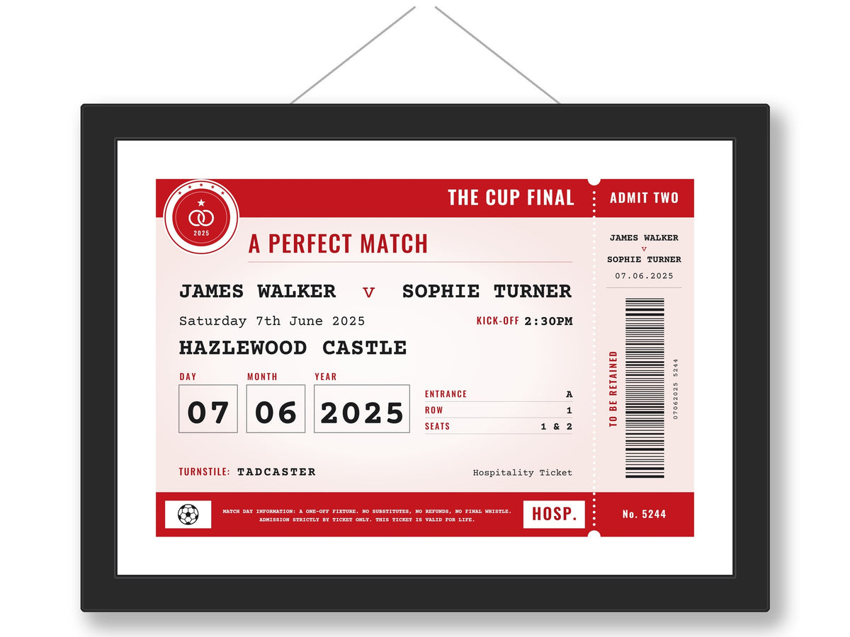 Personalised Football Wedding Ticket Print - framed red and white version