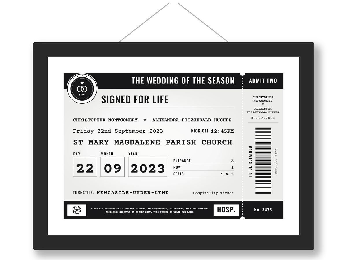 Personalised Football Wedding Ticket Print - framed black and white version