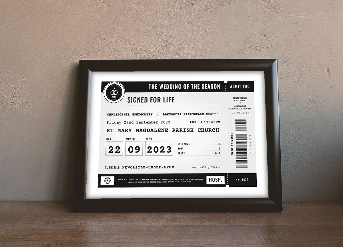Personalised Football Wedding Ticket Print - black and white version leaning on a shelf