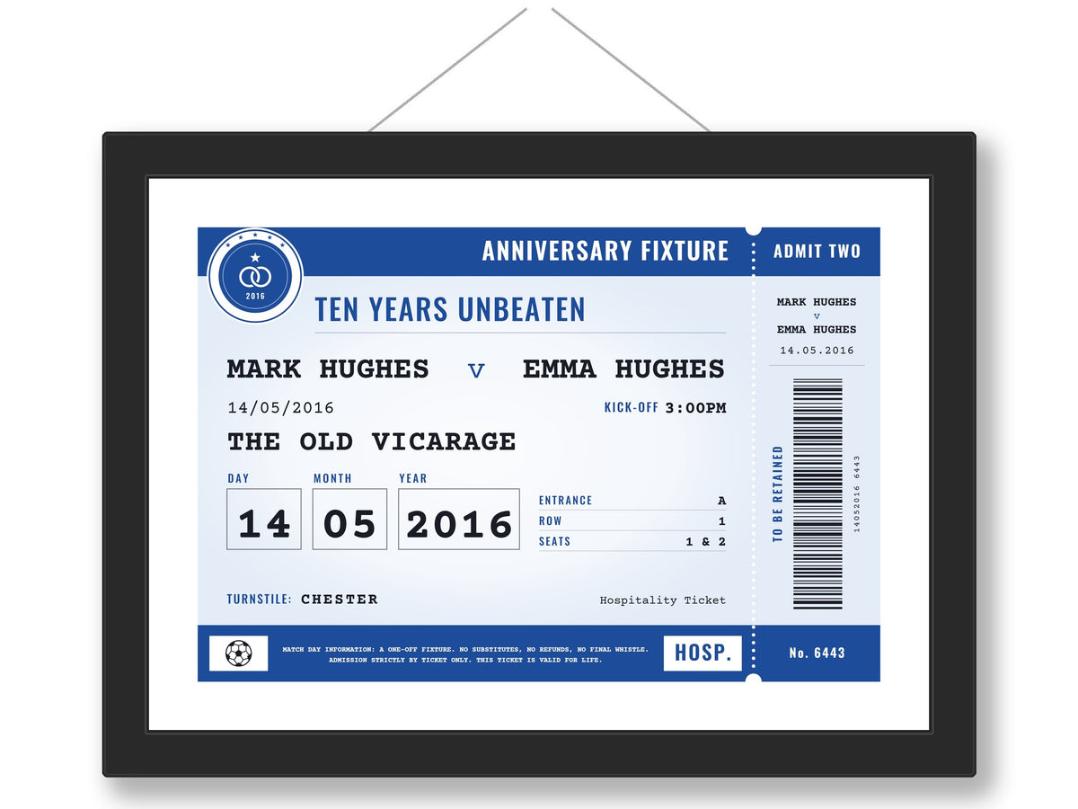 Personalised Football Wedding Ticket Print - framed blue anniversary version