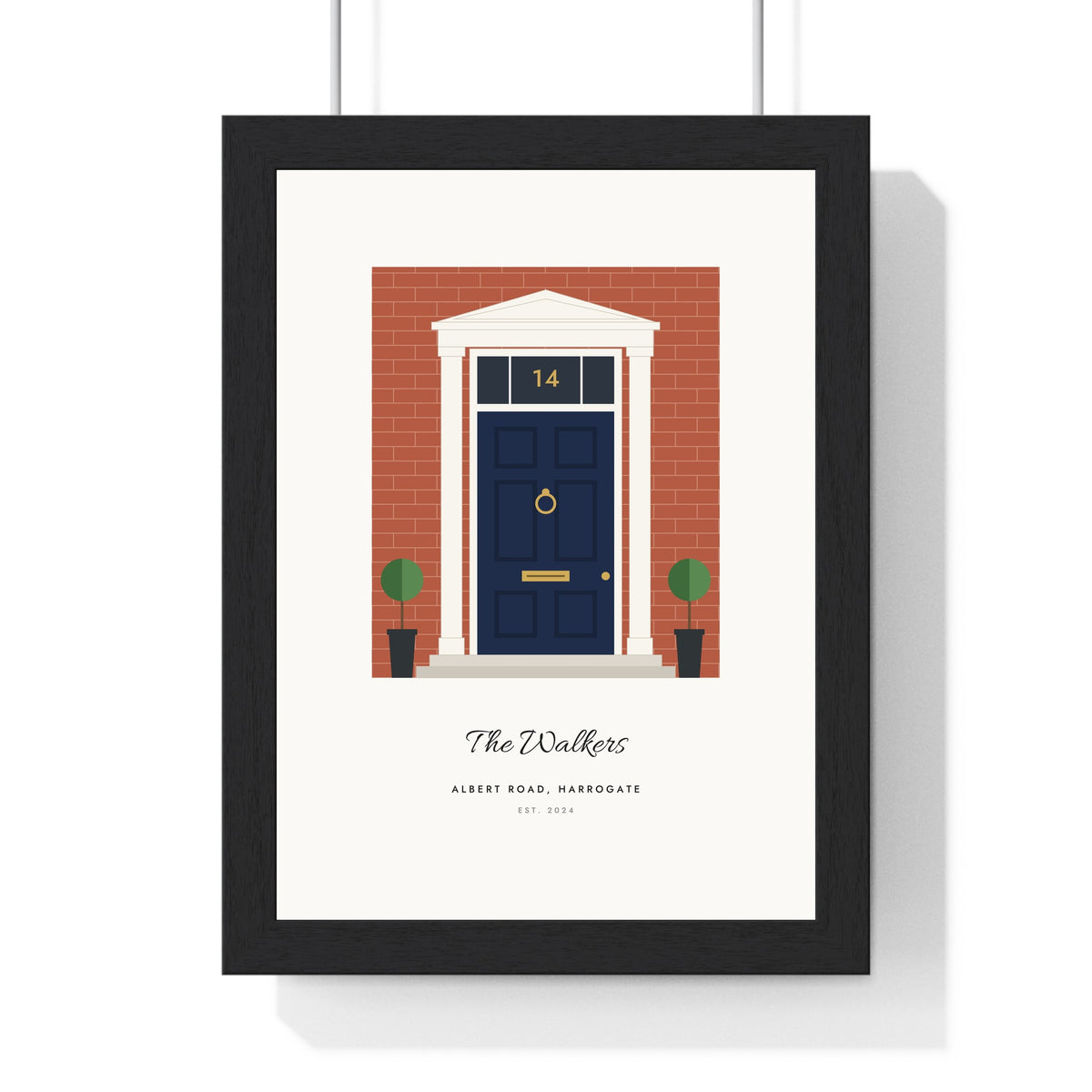 Personalised Front Door Print - framed navy panelled door on red brick, number 14